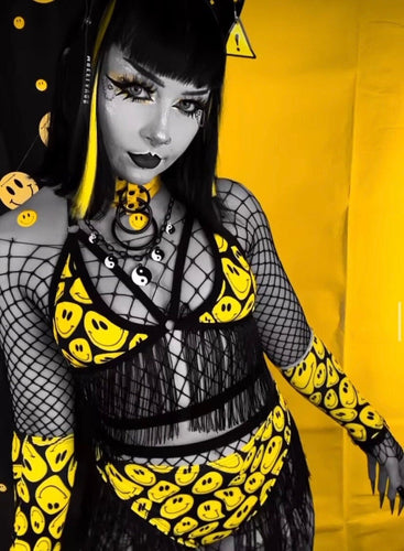 YELLOW Happy | Fringe Triangle Top, Festival Top, Rave Top with Chains