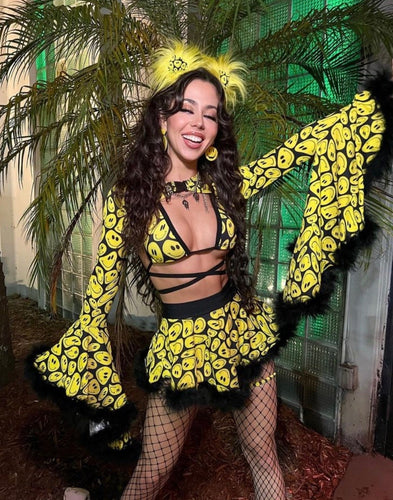 YELLOW HAPPY | Cascade Bell Sleeve with Fluff Buckle Top, Women's Festival Top, Rave Top, Long Sleeve Cover Up