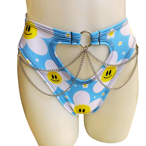 HAPPY DAISY | High Waisted High Cut Chain Bottoms wit cut out, Festival Bottoms, Rave Bottoms, Rave Outfit | Ready To Ship
