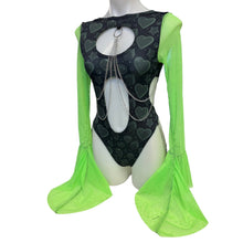 Load image into Gallery viewer, SPACE DISKO | Aria Cut-Out Cascade Bell Sleeve Bodysuit In Green Mesh and Chain Detail