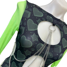 Load image into Gallery viewer, SPACE DISKO | Aria Cut-Out Cascade Bell Sleeve Bodysuit In Green Mesh and Chain Detail