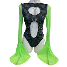 Load image into Gallery viewer, SPACE DISKO | Aria Cut-Out Cascade Bell Sleeve Bodysuit In Green Mesh and Chain Detail