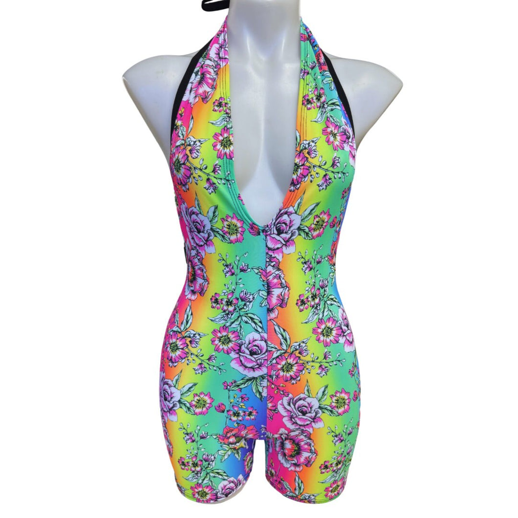 RAINBOW FLOWER | Spandex Playsuit | Halter Romper | Festival Outfit | Rave Jumpsuit | Boho |