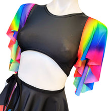 Load image into Gallery viewer, RAINBOW PRIDE | Underboob Sporty Crop Top, Women&#39;s Festival Top, Rave Top Mesh Rainbow Butterfly sleeves