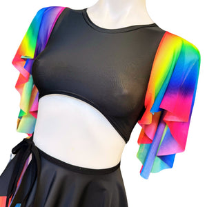 RAINBOW PRIDE | Underboob Sporty Crop Top, Women's Festival Top, Rave Top Mesh Rainbow Butterfly sleeves