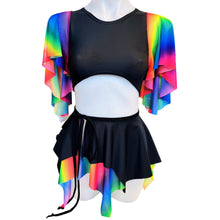 Load image into Gallery viewer, RAINBOW PRIDE | Underboob Sporty Crop Top, Women&#39;s Festival Top, Rave Top Mesh Rainbow Butterfly sleeves