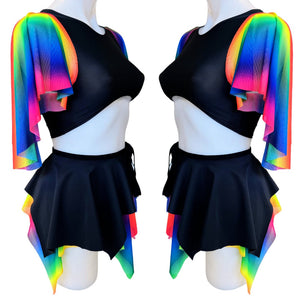 RAINBOW PRIDE | Underboob Sporty Crop Top, Women's Festival Top, Rave Top Mesh Rainbow Butterfly sleeves