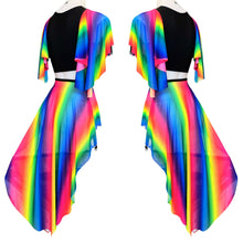 Load image into Gallery viewer, RAINBOW PRIDE | Underboob Sporty Crop Top, Women&#39;s Festival Top, Rave Top Mesh Rainbow Butterfly sleeves