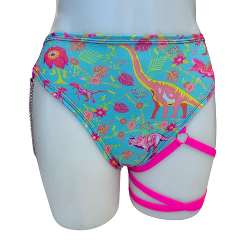 PASTEL PREHISTORIC | High Waisted High Cut Chain Bottoms with Leg Wrap, Festival Bottoms, Rave Bottoms | Pastel | Dinosaur | Festival