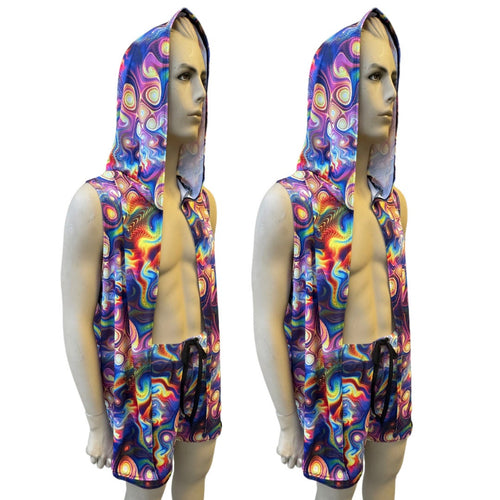 FRACTAL DREAMS  | Slim Fit Men's Rave Hooded Tank Top Vest, Festival Shirt