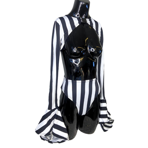 GRAVE DIGGER | Bell Sleeve Buckle Top, Women's Festival Top, Rave Top, Striped Top, Beetlejuice, Festival Outfit, Long Sleeve Rave Top