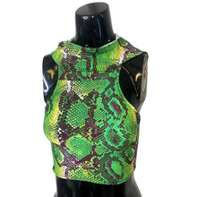 Load image into Gallery viewer, SERPENT |  Cowl Neck + Hood Crop Top, Women&#39;s Festival Top, Rave Top, DIY Slit Weave, Lost Lands Outfit, Snake Print, Hooded Women&#39;s Top