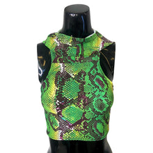 Load image into Gallery viewer, SERPENT |  Cowl Neck + Hood Crop Top, Women&#39;s Festival Top, Rave Top, DIY Slit Weave, Lost Lands Outfit, Snake Print, Hooded Women&#39;s Top