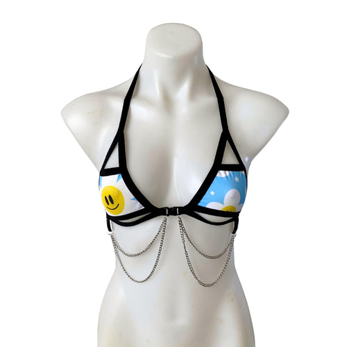 HAPPY DAISY | Chain Cage Top, Festival Top, Rave Top with Chains, Floral, Smiley Flower, Blue, White, Adjustable Top