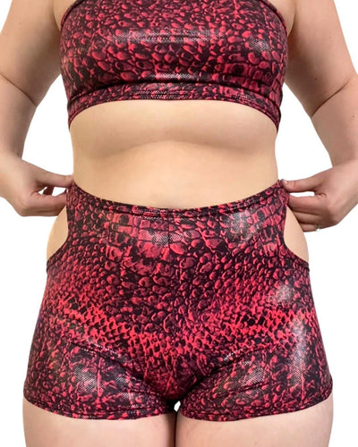 SERPENT | Women's High Waisted Shorts with Cut Outs, Festival Wear, Hot Pants, Snake Print Spandex Shorts, Rave Outfit