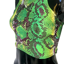 Load image into Gallery viewer, SERPENT |  Cowl Neck + Hood Crop Top, Women&#39;s Festival Top, Rave Top, DIY Slit Weave, Lost Lands Outfit, Snake Print, Hooded Women&#39;s Top