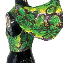 Load image into Gallery viewer, SERPENT |  Cowl Neck + Hood Crop Top, Women&#39;s Festival Top, Rave Top, DIY Slit Weave, Lost Lands Outfit, Snake Print, Hooded Women&#39;s Top