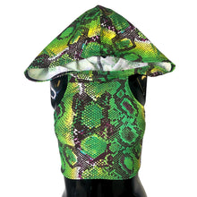 Load image into Gallery viewer, SERPENT |  Cowl Neck + Hood Crop Top, Women&#39;s Festival Top, Rave Top, DIY Slit Weave, Lost Lands Outfit, Snake Print, Hooded Women&#39;s Top