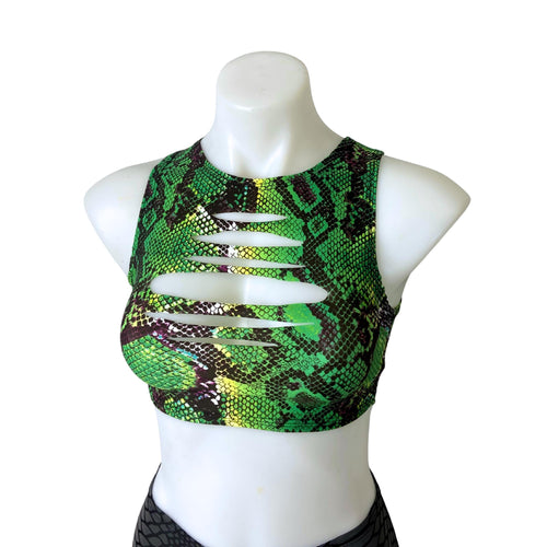 SERPENT | Slit Front Sporty Crop Top, Women's Festival Top, Rave Top, Snake Print Top, Slit Weave Top, Rave Outfit, Green Black Techno Top