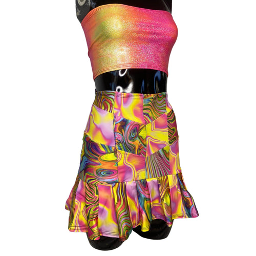 Size Small One Of A Kind Skirt Set | Patchwork Skirt with Matching Top, Rave Outfit Set, Pink Yellow Festival Outfit, Rave Skirt, Trippy