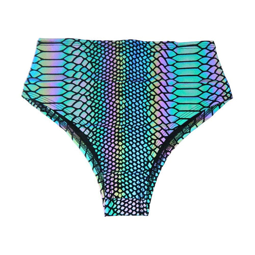SLITHER | High Waisted Bottoms, Bikini Bottoms, Festival Outfit, Flash Reflective Fabric, Rainbow Rave Fit, Cheeky Party Shorts