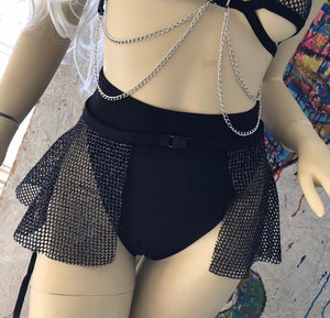 BLACK DARK STARR | Chain Cage Top + Black Fishnet Ultra Mini Buckle Skirt