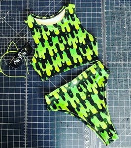 GREEN SLIME | Sporty Crop Top + High Waisted High Cut Bottoms, Women's Festival Outfit, Rave Set