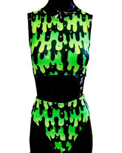 GREEN SLIME | Sporty Crop Top + High Waisted High Cut Bottoms, Women's Festival Outfit, Rave Set