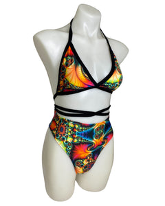 TRIPPY | Triangle Top + High Waisted High Cut Bottoms + Mask, Women's Festival Outfit, Rave Set