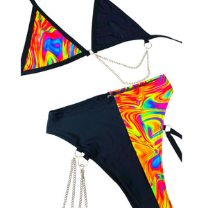 ALL THE GLOW | Mismatch Triangle Chain Top + High Waisted High Cut Chain Bottoms with Leg Wraps