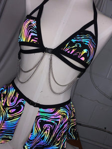 OIL SPILL | REFLECTIVE | Chain Cage Top + Buckle Ultra Mini Skirt, Women's Festival Outfit, Rave Set