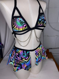 OIL SPILL | REFLECTIVE | Chain Cage Top + Buckle Ultra Mini Skirt, Women's Festival Outfit, Rave Set