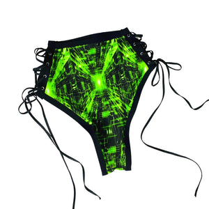 CYBER GRID | High Waisted High Cut Side Tie Bottoms, Festival Bottoms, Rave Bottoms, Black Rave Outfit