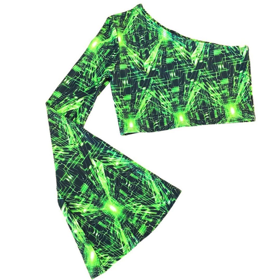 CYBER GRID | One Shoulder Bell Sleeve Top, Women's Festival Top, Rave Top
