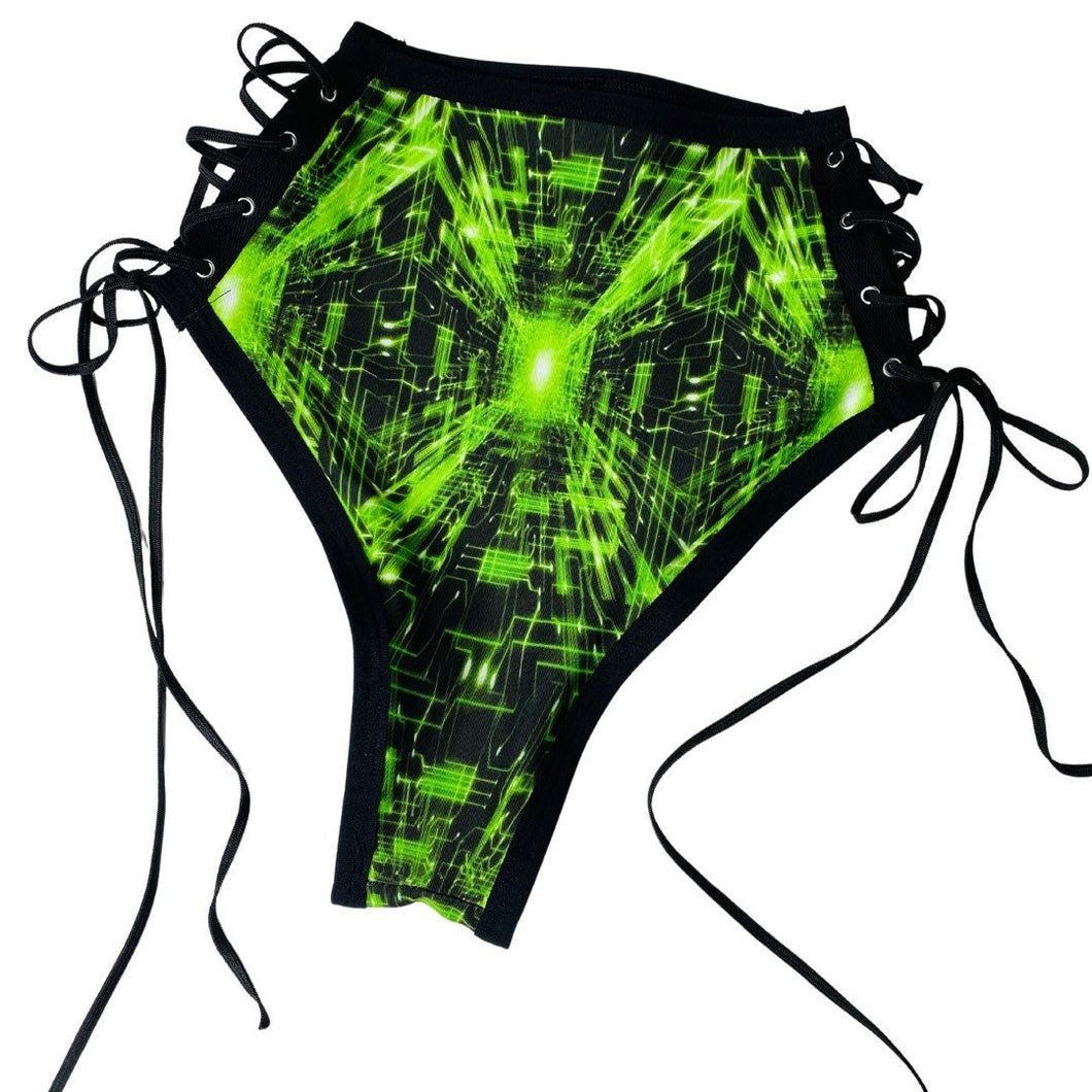 CYBER GRID | High Waisted High Cut Side Tie Bottoms, Festival Bottoms, Rave Bottoms, Black Rave Outfit