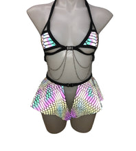 Load image into Gallery viewer, SLITHER | REFLECTIVE | Chain Cage Top + Mini Skirt, Women&#39;s Festival Outfit, Rave Set