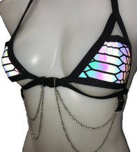 Load image into Gallery viewer, SLITHER | REFLECTIVE | Chain Cage Top + Mini Skirt, Women&#39;s Festival Outfit, Rave Set