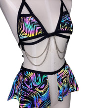 Load image into Gallery viewer, OIL SPILL | REFLECTIVE | Chain Cage Top + Buckle Ultra Mini Skirt, Women&#39;s Festival Outfit, Rave Set