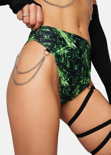 CYBER GRID | High Waisted High Cut Chain Bottoms with Leg Wrap, Festival Bottoms, Rave Bottoms, Black Rave Outfit