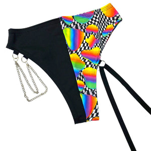 RETRO RAVE | High Waisted High Cut Chain Bottoms with Leg Wrap, Festival Bottoms, Rave Bottoms, Black Rave Outfit