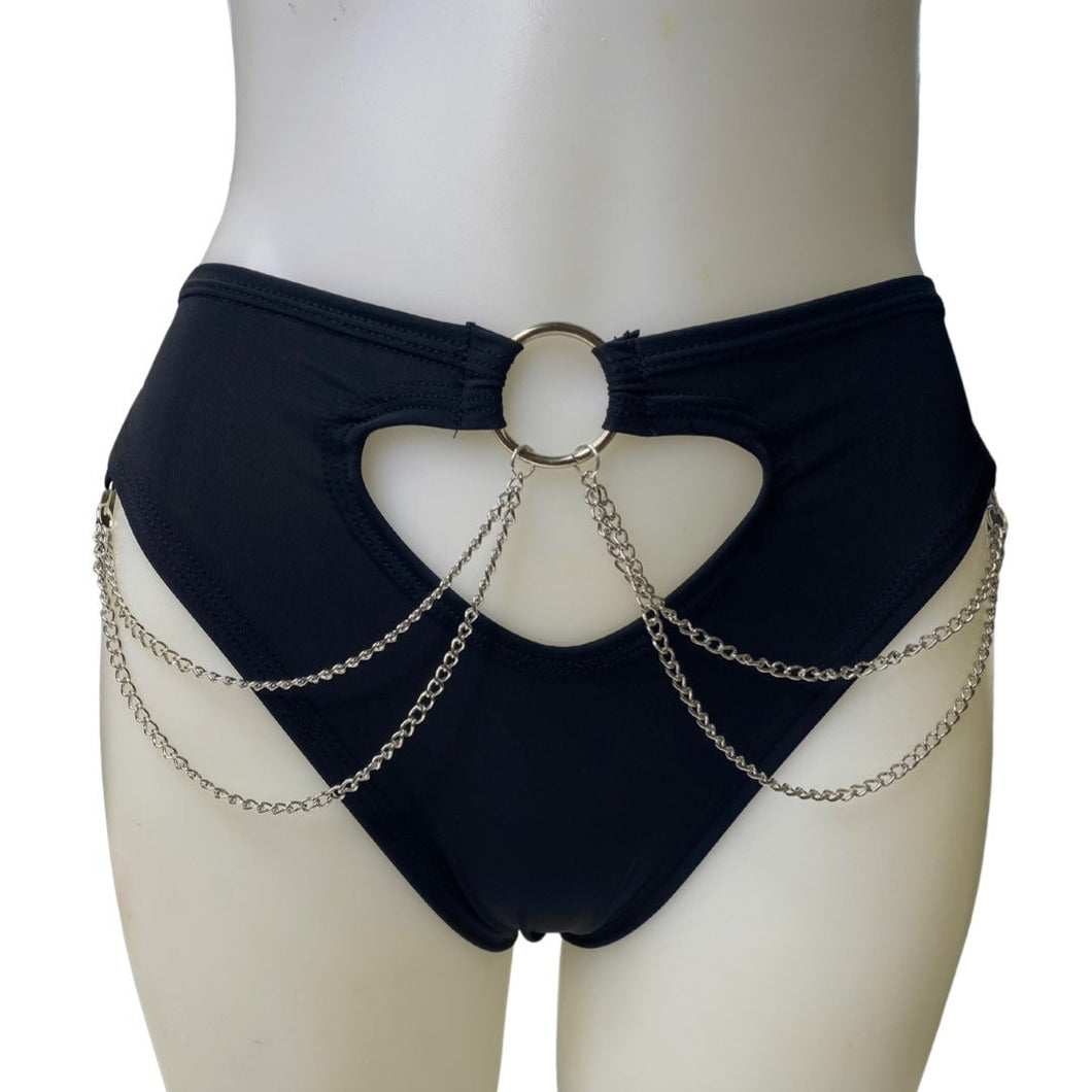 BLACK | High Waisted High Cut Chain Bottoms wit cut out, Festival Bottoms, Rave Bottoms, Black Rave Outfit