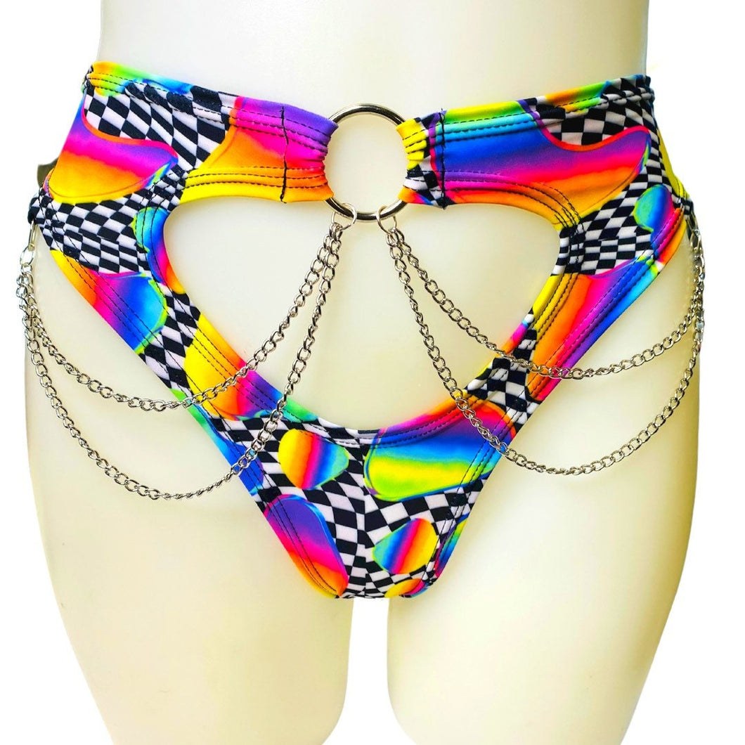 RETRO RAVE | High Waisted High Cut Chain Bottoms wit cut out, Festival Bottoms, Rave Bottoms, Black Rave Outfit