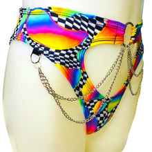 Load image into Gallery viewer, RETRO RAVE | High Waisted High Cut Chain Bottoms wit cut out, Festival Bottoms, Rave Bottoms, Black Rave Outfit