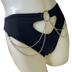 BLACK | High Waisted High Cut Chain Bottoms wit cut out, Festival Bottoms, Rave Bottoms, Black Rave Outfit