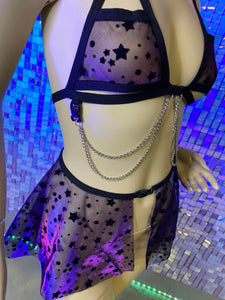 STARS | Chain Cage Top + Sheer Ultra Mini Buckle Skirt, Women's Festival Outfit, Rave Set