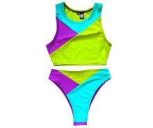 Load image into Gallery viewer, TRI COLOR | Purple + Turquoise + Green | Ready to Ship | High Waisted High Cut Bottoms, Festival Bottoms, Rave Bottoms, Rainbow Rave Outfit
