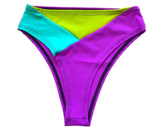 Load image into Gallery viewer, TRI COLOR | Green + Purple + Turquoise | Ready to Ship | High Waisted High Cut Bottoms, Festival Bottoms, Rave Bottoms, Rainbow Rave Outfit