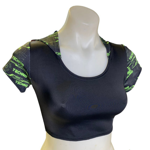 GREEN TECHNO | Crop Top with Hood Women's Festival Top, Rave Top