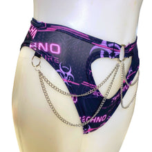 Load image into Gallery viewer, PINK TECHNO | High Waisted High Cut Chain Bottoms wit cut out, Festival Bottoms, Rave Bottoms, Black Rave Outfit