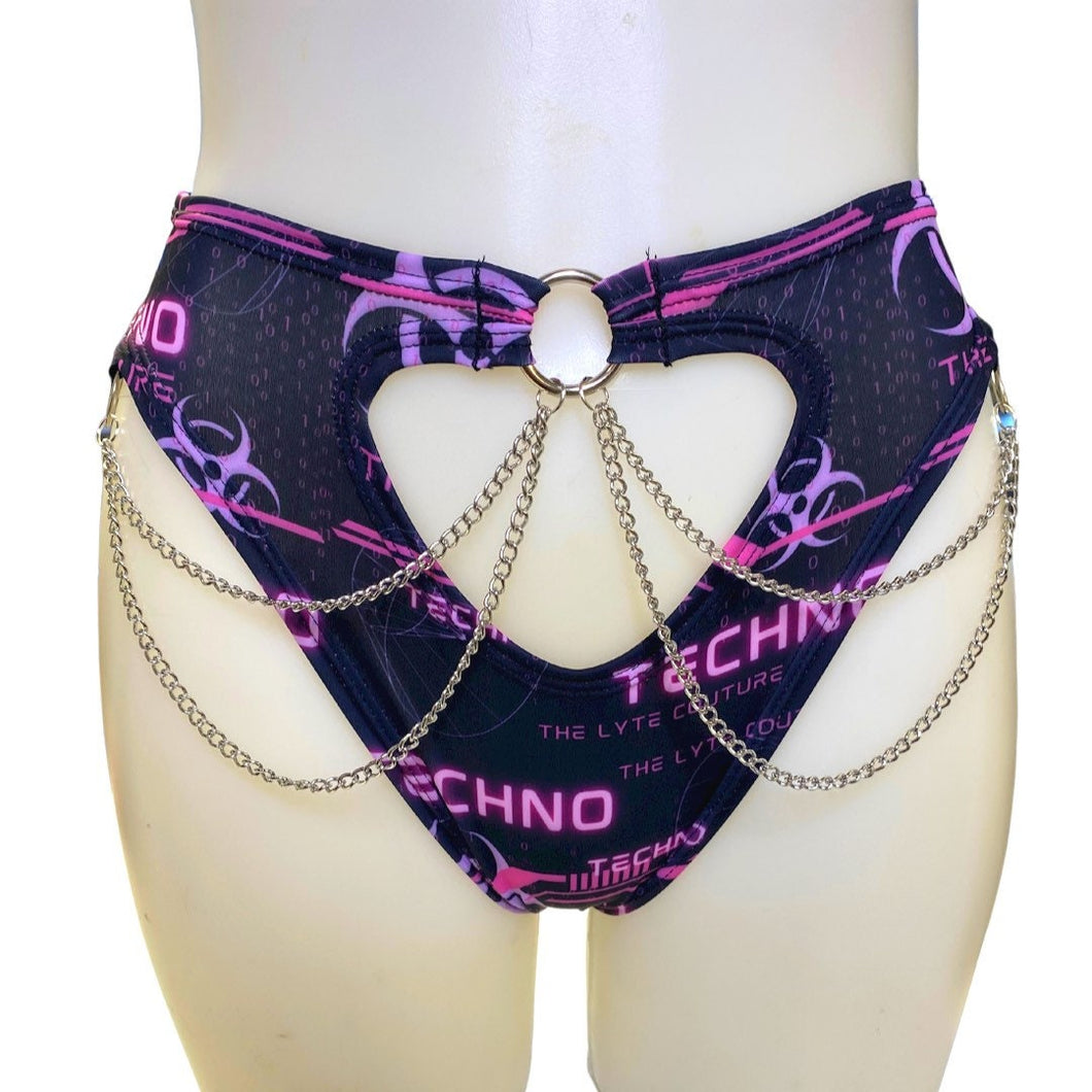 PINK TECHNO | High Waisted High Cut Chain Bottoms wit cut out, Festival Bottoms, Rave Bottoms, Black Rave Outfit